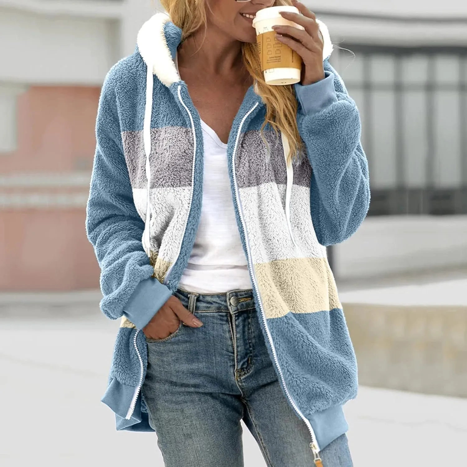 Zip Up Jacket Winter Loose Solid Color Artificial Wool Zipper Drawstring Long-Sleeved Hoodie Sweater Women'S Fall