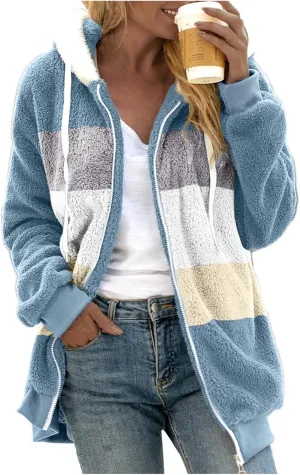 Zip Up Jacket Winter Loose Solid Color Artificial Wool Zipper Drawstring Long-Sleeved Hoodie Sweater Women'S Fall