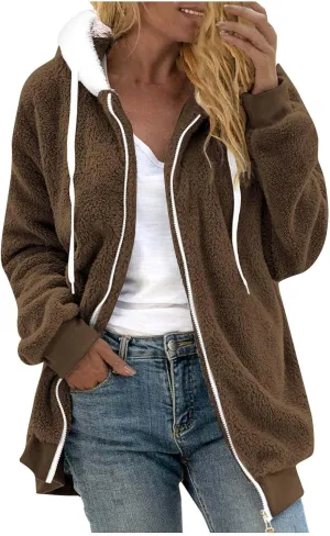 Zip Up Jacket Winter Loose Solid Color Artificial Wool Zipper Drawstring Long-Sleeved Hoodie Sweater Women'S Fall
