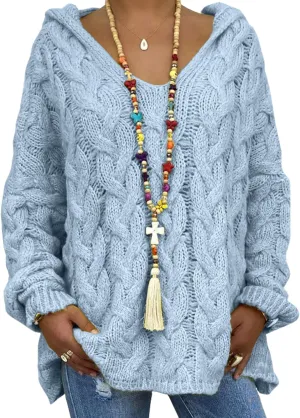 ZOCAVIA Womens Hooded Sweater Cable Knit Sweater Oversized Knit Sweater Loose Fit Sweater Knit Pullover Sweater Top