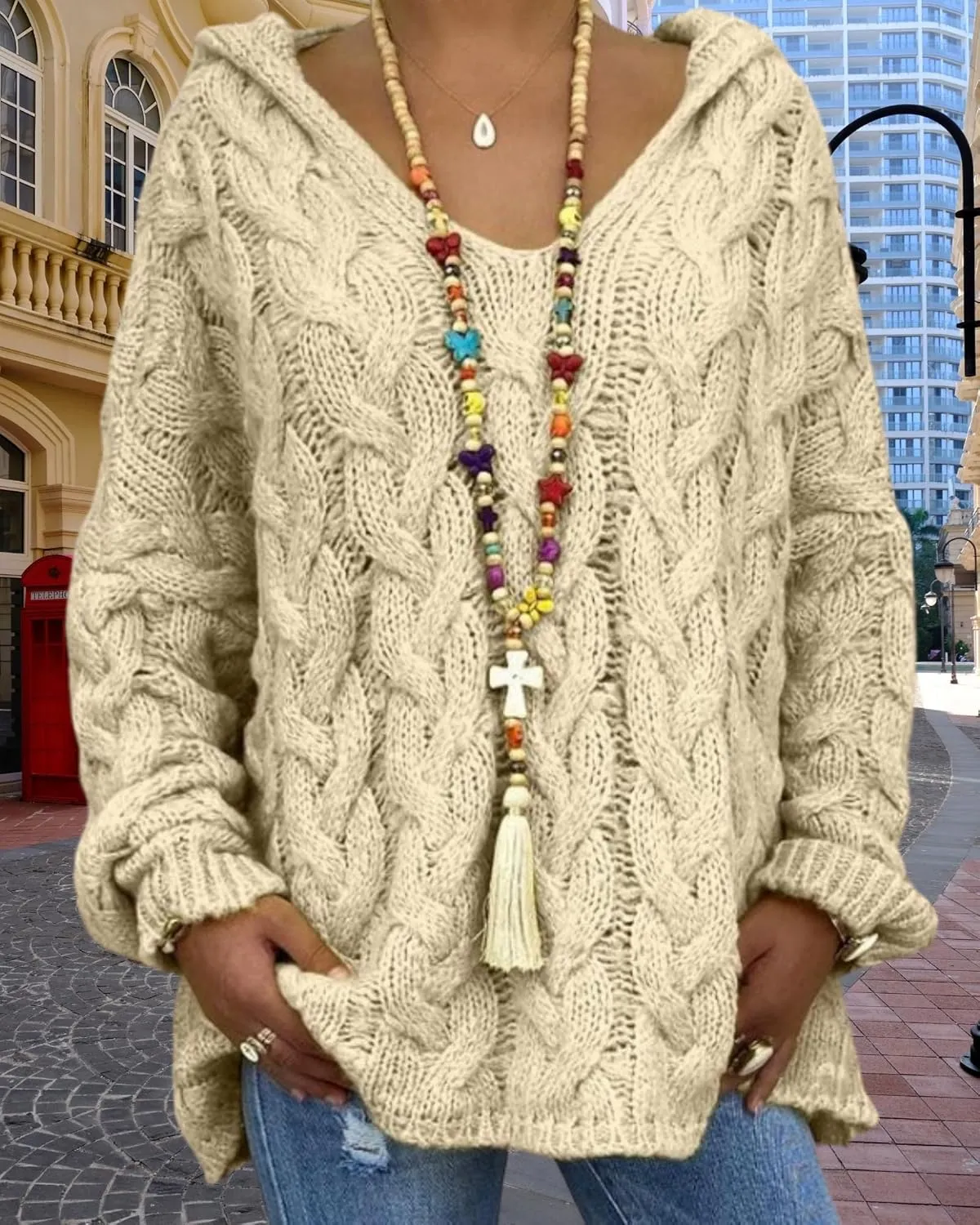 ZOCAVIA Womens Hooded Sweater Cable Knit Sweater Oversized Knit Sweater Loose Fit Sweater Knit Pullover Sweater Top