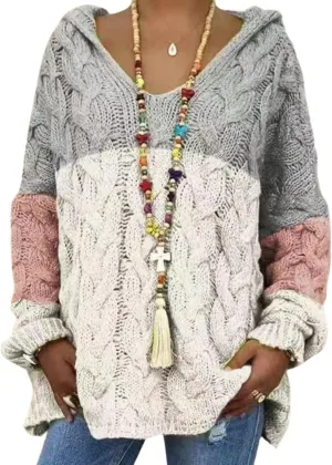 ZOCAVIA Womens Hooded Sweater Cable Knit Sweater Oversized Knit Sweater Loose Fit Sweater Knit Pullover Sweater Top